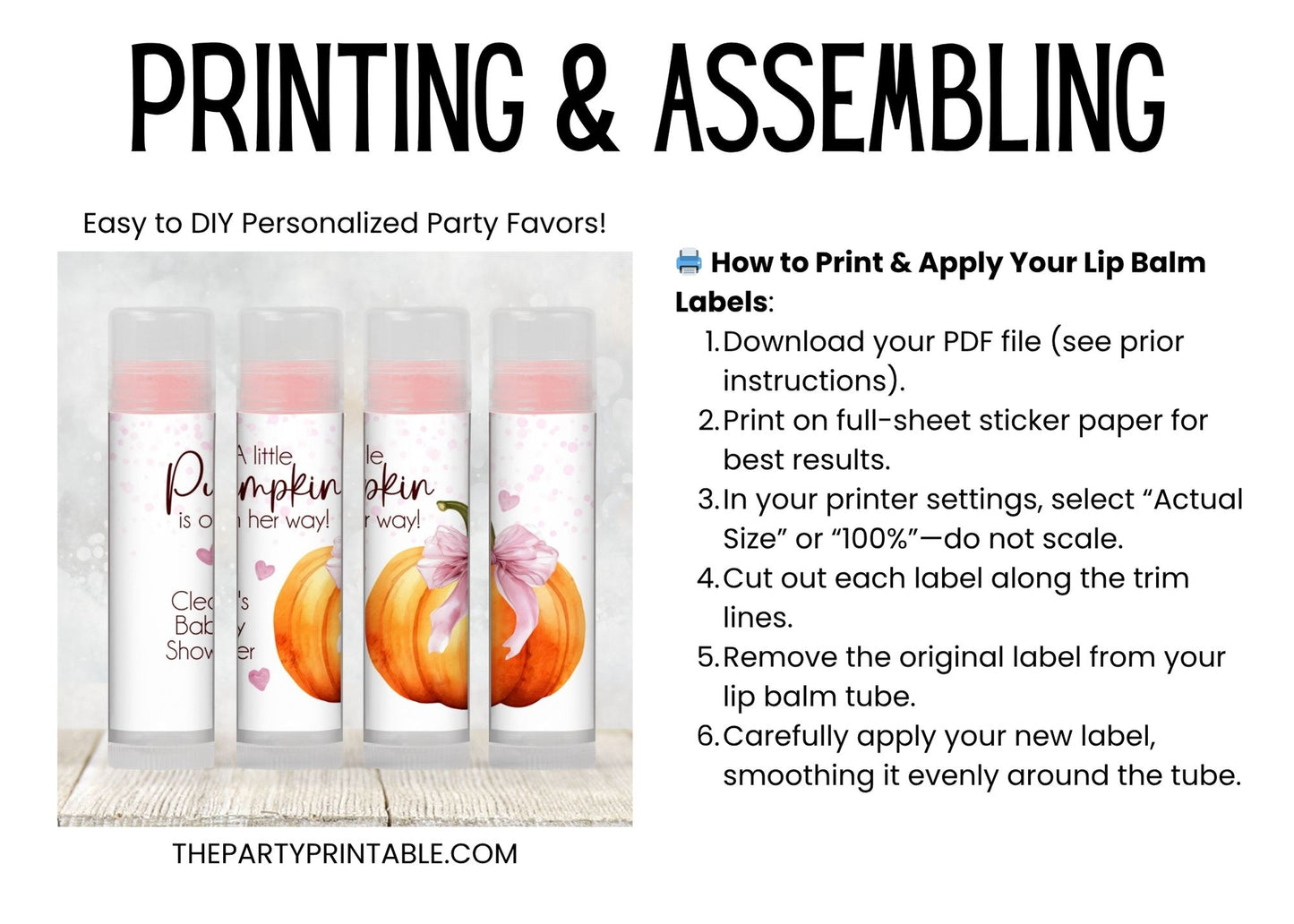 Pumpkin with Pink Bow Lip Balm Label Template: Baby Girl Shower, Fall Favor