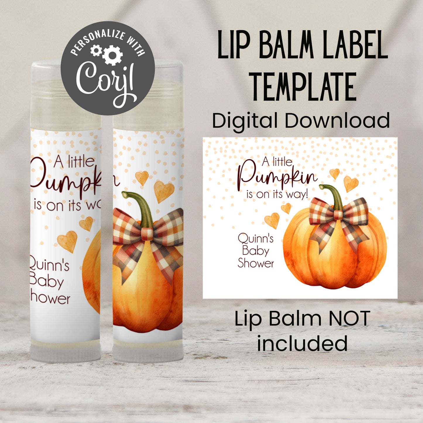 Pumpkin with Orange Bow Chapstick Label Template: Gender Neutral Baby Shower Favor