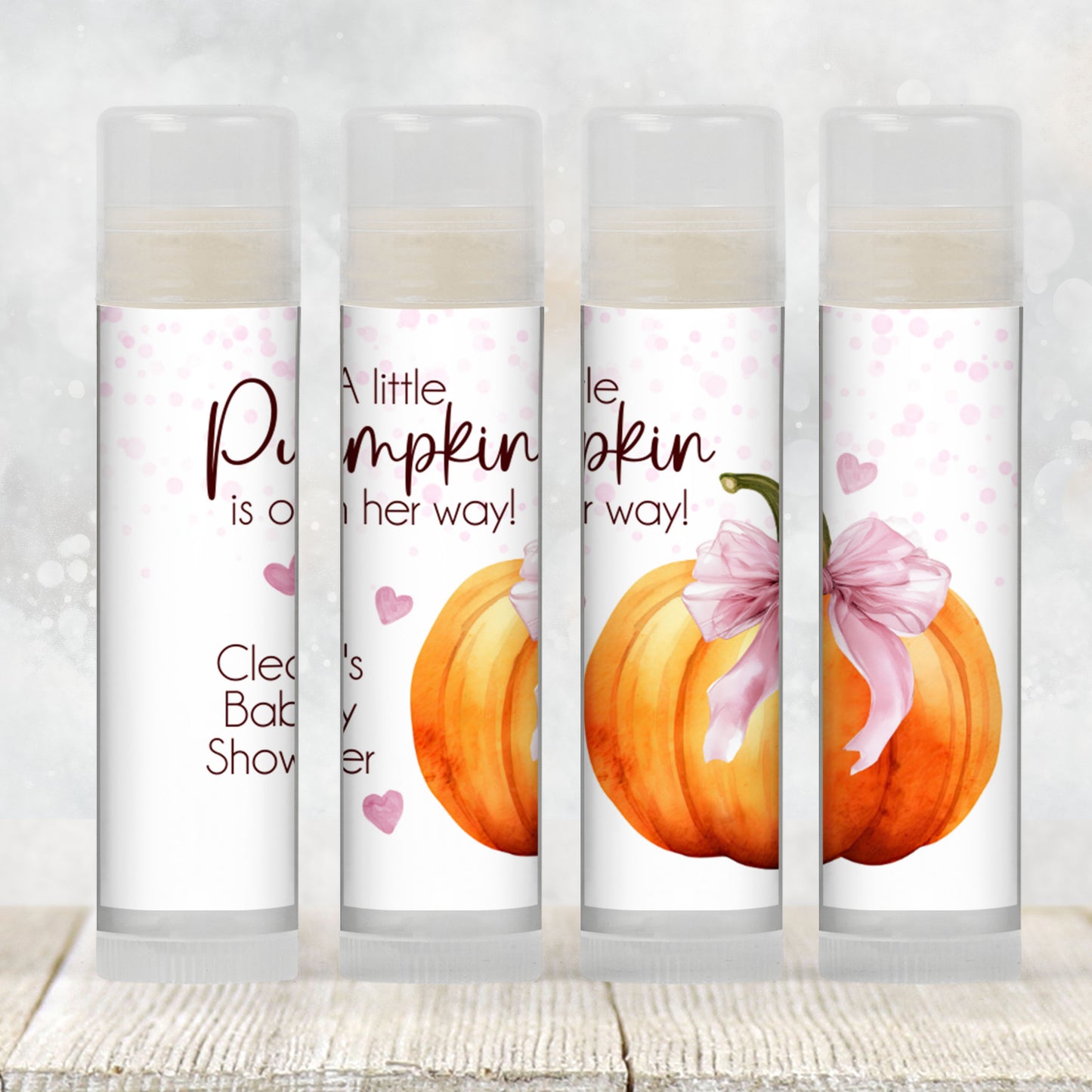Pumpkin with Pink Bow Chapstick Favors: Baby Girl Shower, Fall Party Gift