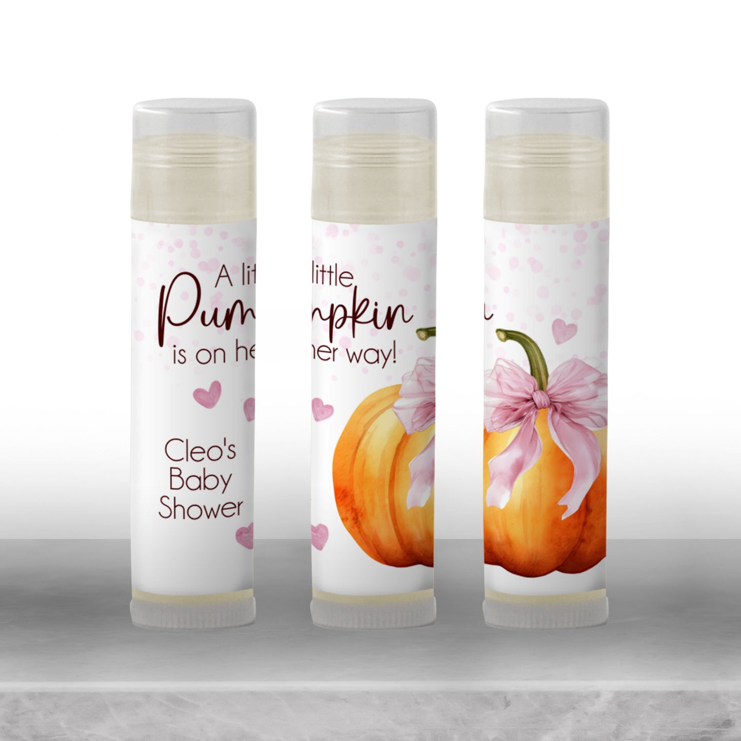 Pumpkin with Pink Bow Lip Balm Label Template: Baby Girl Shower, Fall Favor