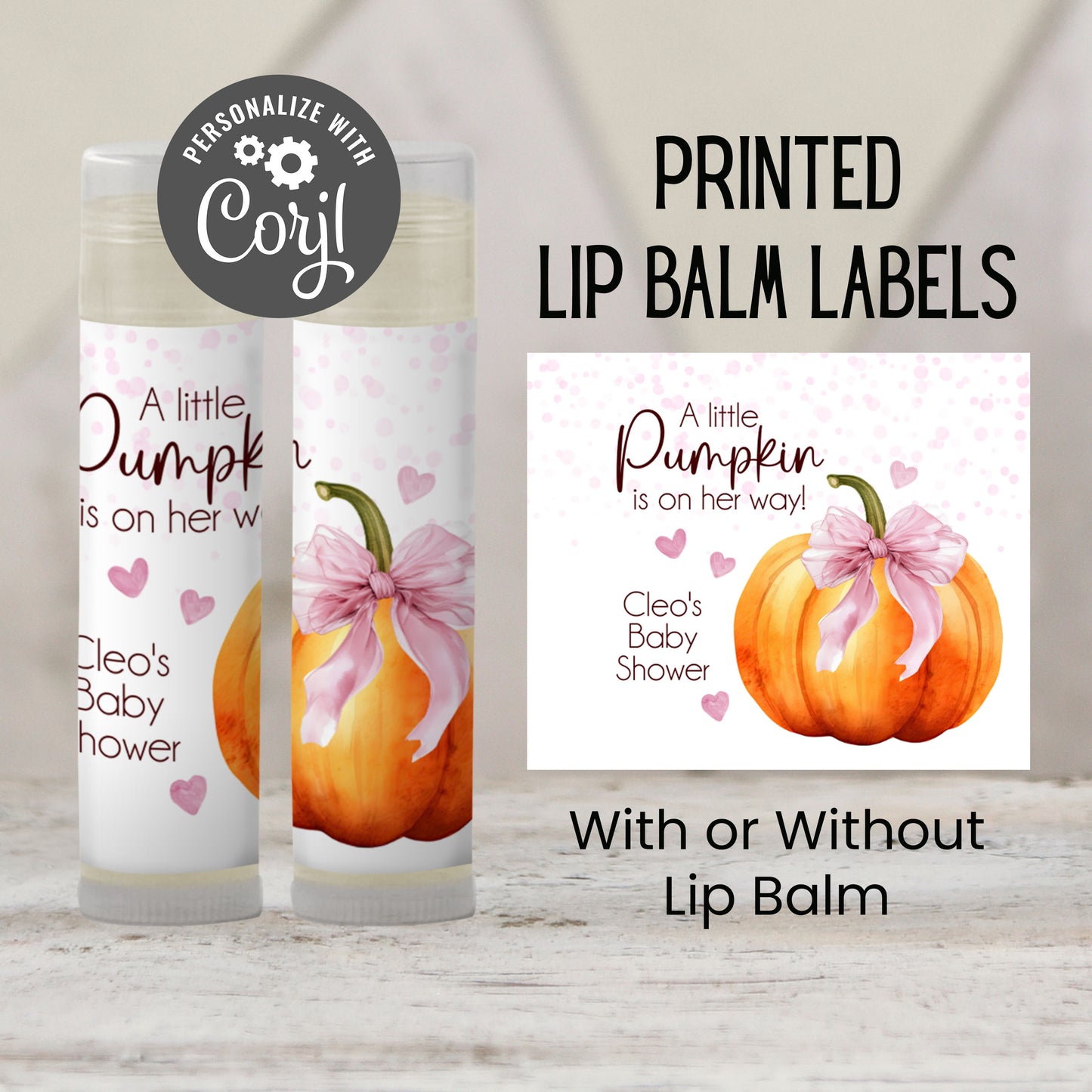 Pumpkin with Pink Bow Chapstick Favors: Baby Girl Shower, Fall Party Gift