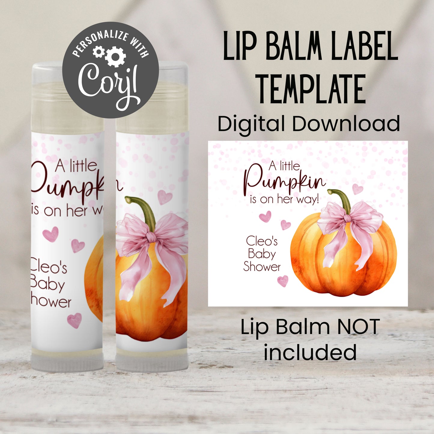 Pumpkin with Pink Bow Lip Balm Label Template: Baby Girl Shower, Fall Favor