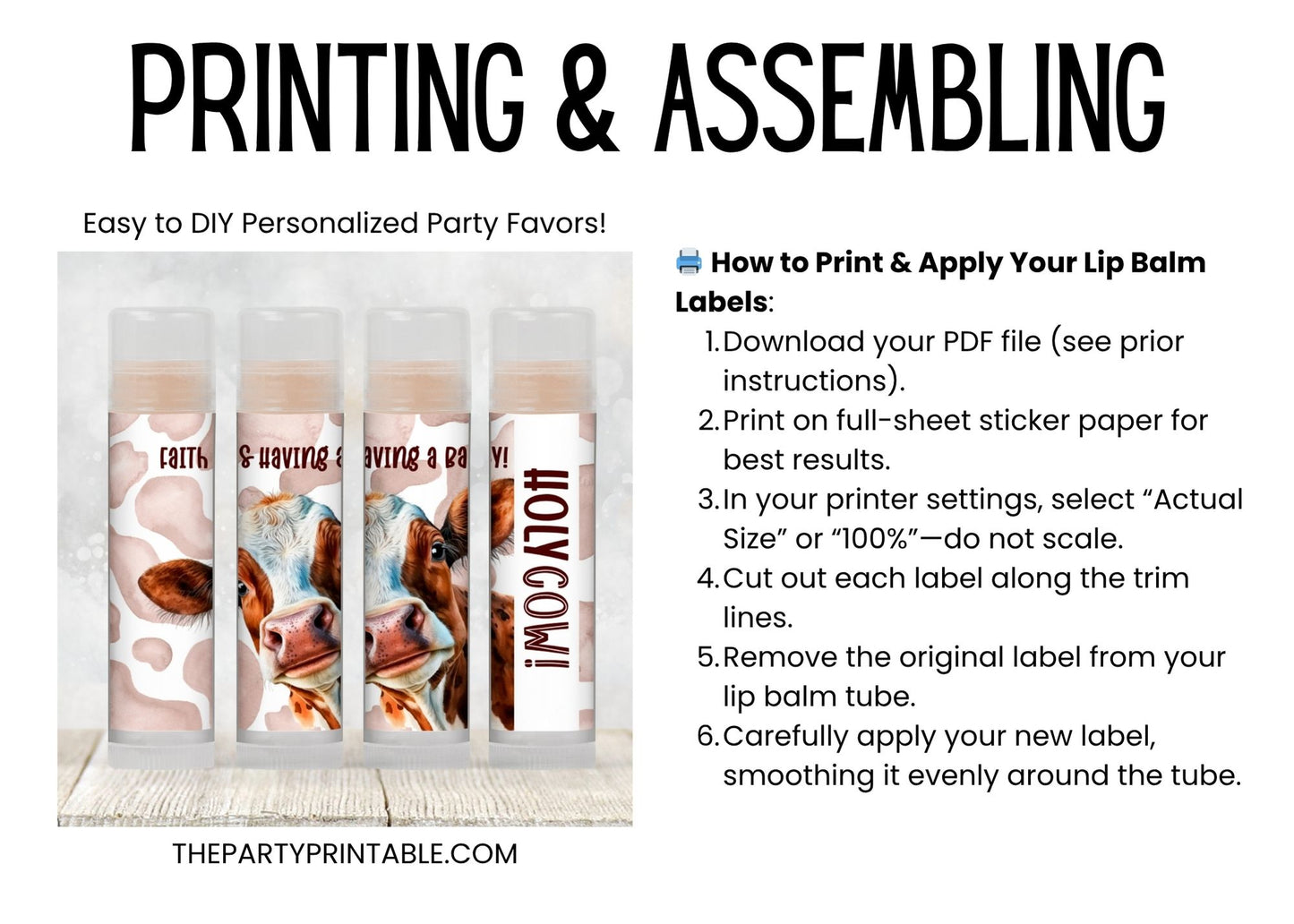 Holy Cow Lip Balm Label Template: Farm Birthday or Baby Shower Favor