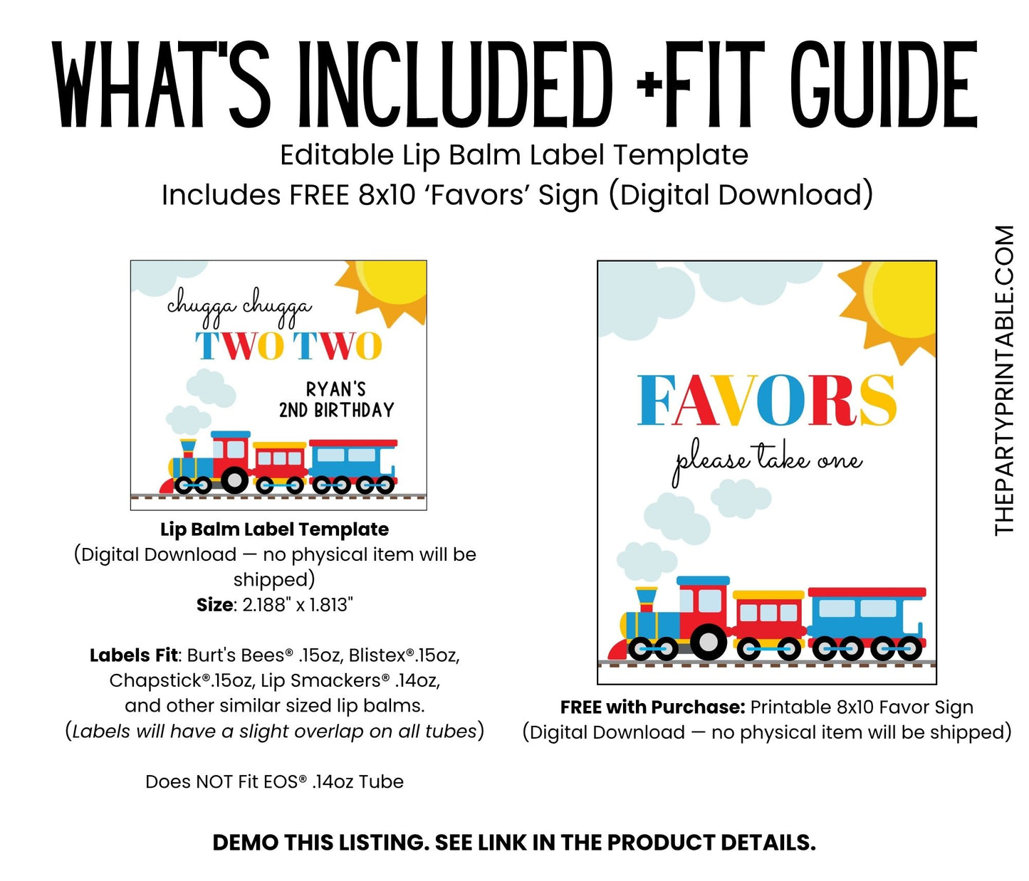 Chugga Chugga Two Two Lip Balm Label Template: Train 2nd Birthday Favor