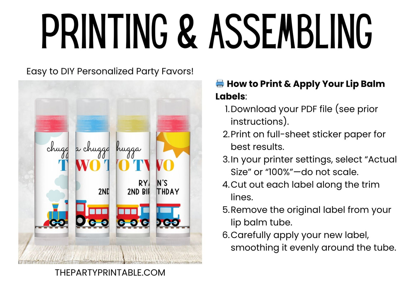 Chugga Chugga Two Two Lip Balm Label Template: Train 2nd Birthday Favor