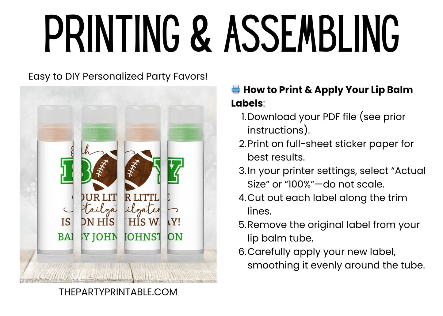 Football Lip Balm Label Template: Sports Baby Shower Favor for Boy
