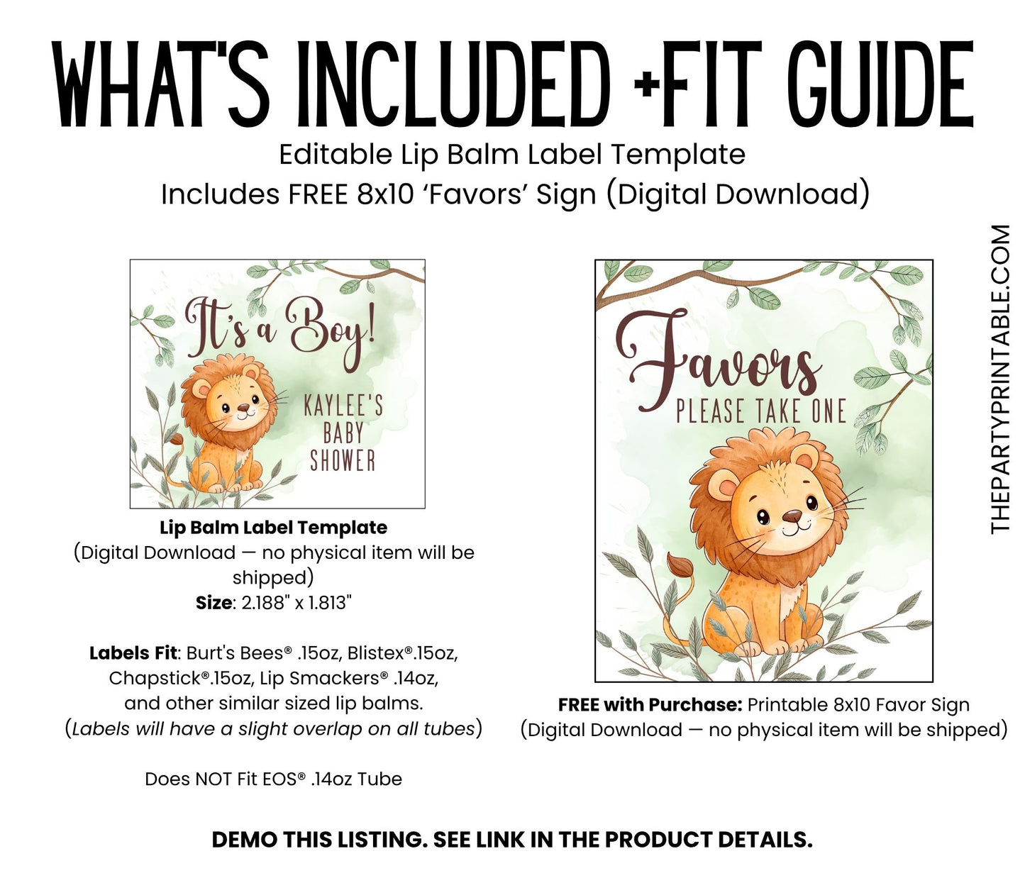 Lion Chapstick Label Template: Jungle Safari Baby Shower Favor for Boy