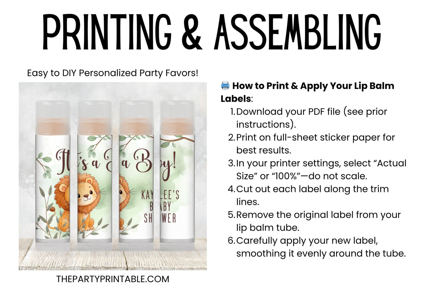 Lion Chapstick Label Template: Jungle Safari Baby Shower Favor for Boy