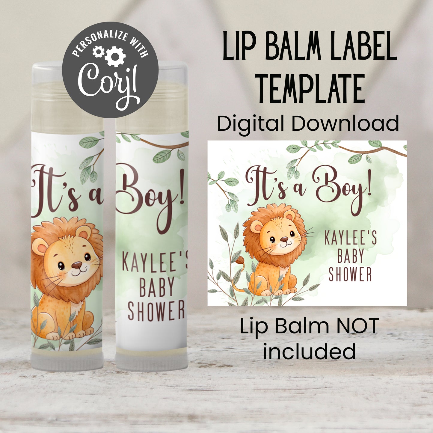 Lion Chapstick Label Template: Jungle Safari Baby Shower Favor for Boy