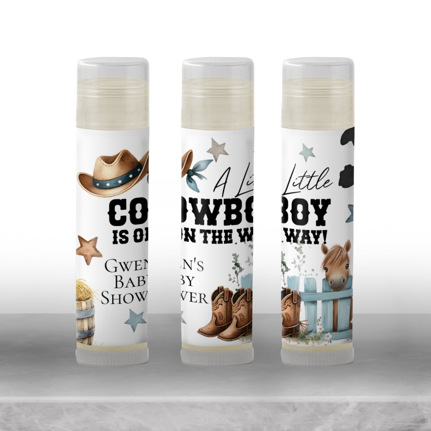 Little Cowboy Chapstick Label Template: Western Baby Shower Favor for Boy