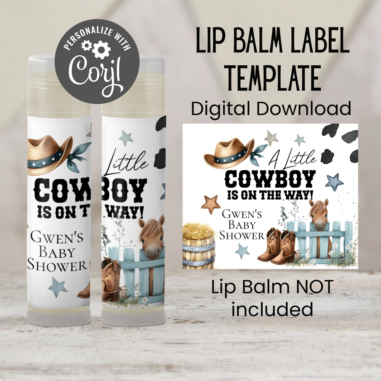 Little Cowboy Chapstick Label Template: Western Baby Shower Favor for Boy