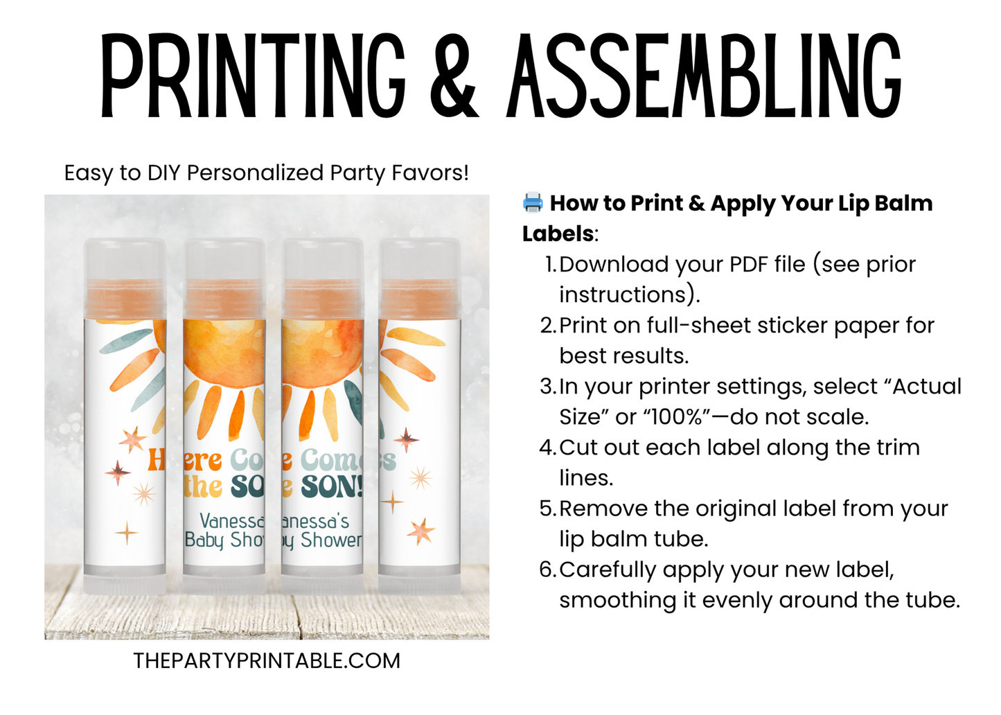 Here Comes the Son Lip Balm Label Template: Retro Baby Shower Favor for Boy