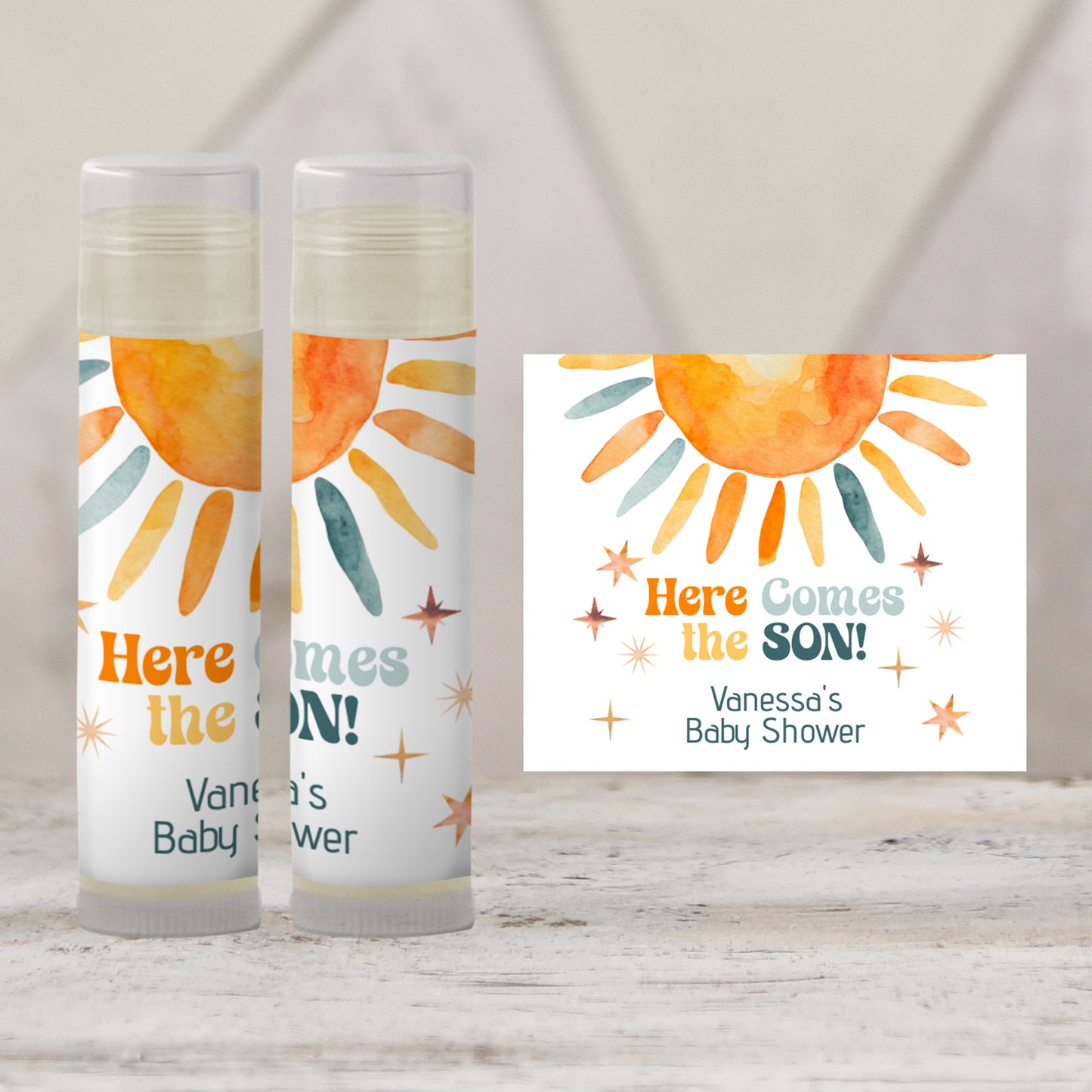 Here Comes the Son Chapstick Favors: Retro Baby Boy Shower Gift