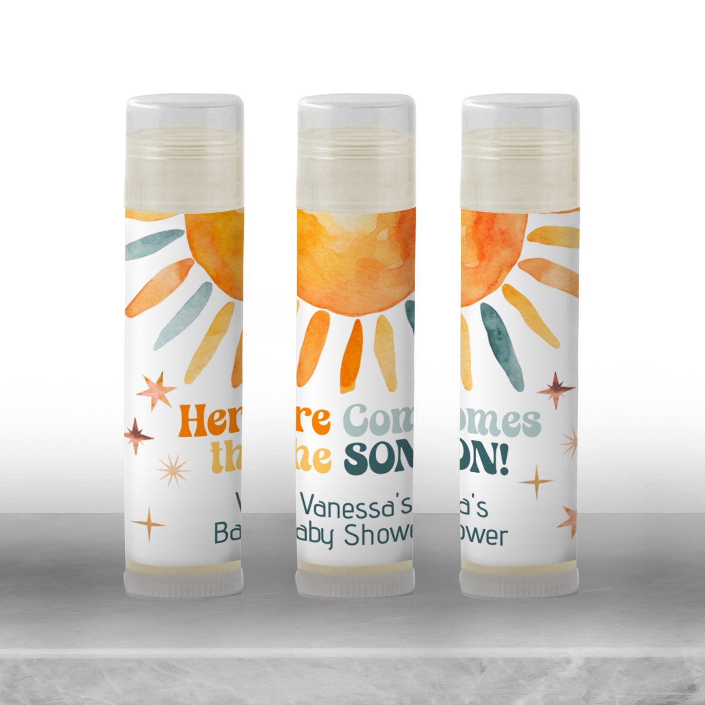 Here Comes the Son Chapstick Favors: Retro Baby Boy Shower Gift