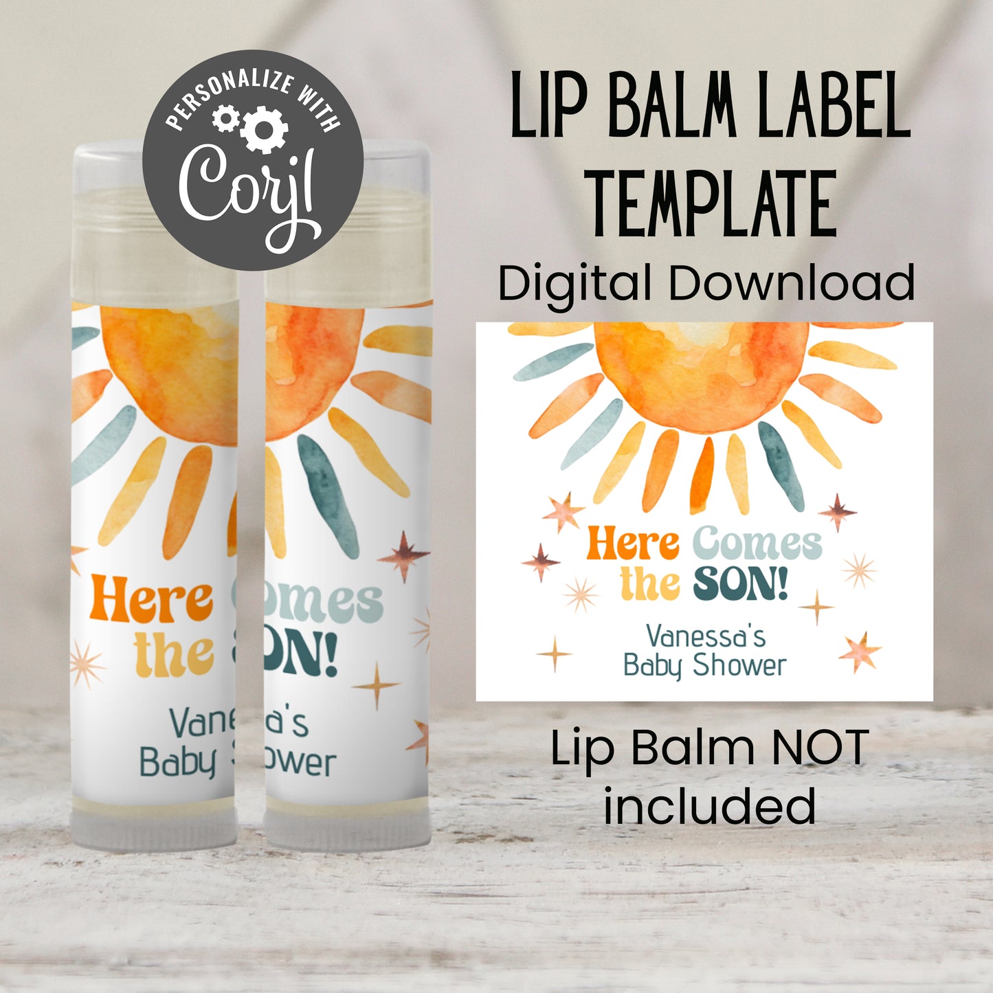 Here Comes the Son Lip Balm Label Template: Retro Baby Shower Favor for Boy