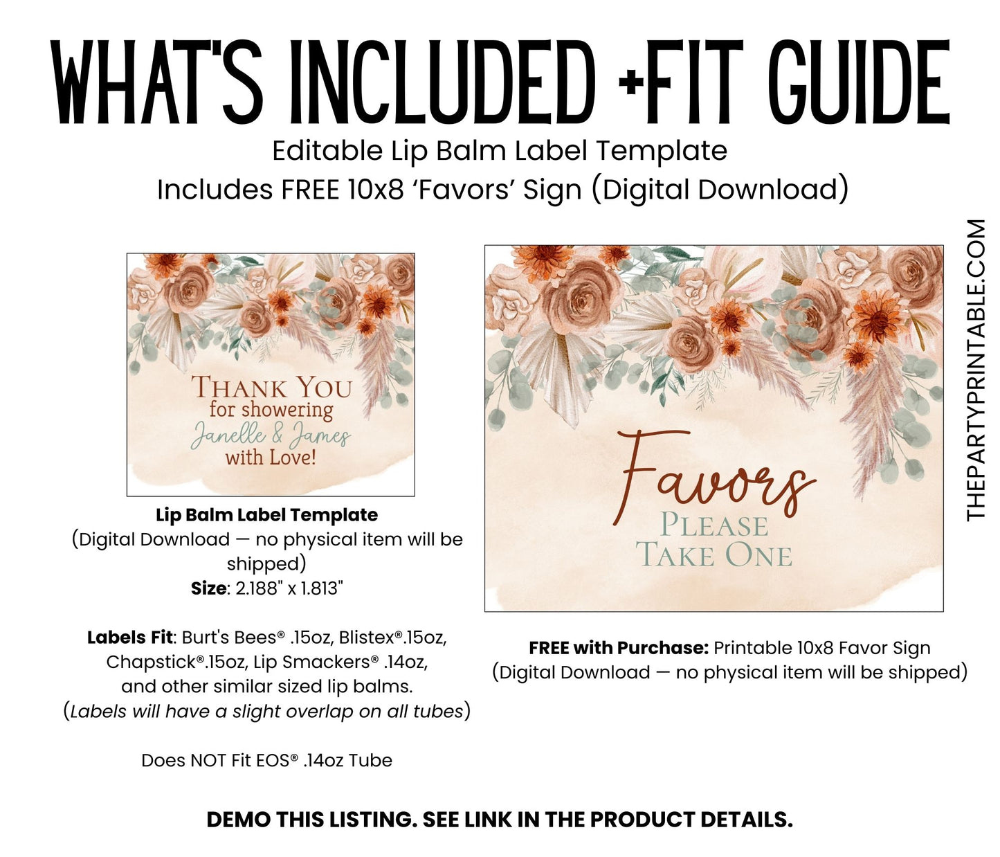 Fall Boho Floral Lip Balm Label Template: Baby Shower or Wedding Favor