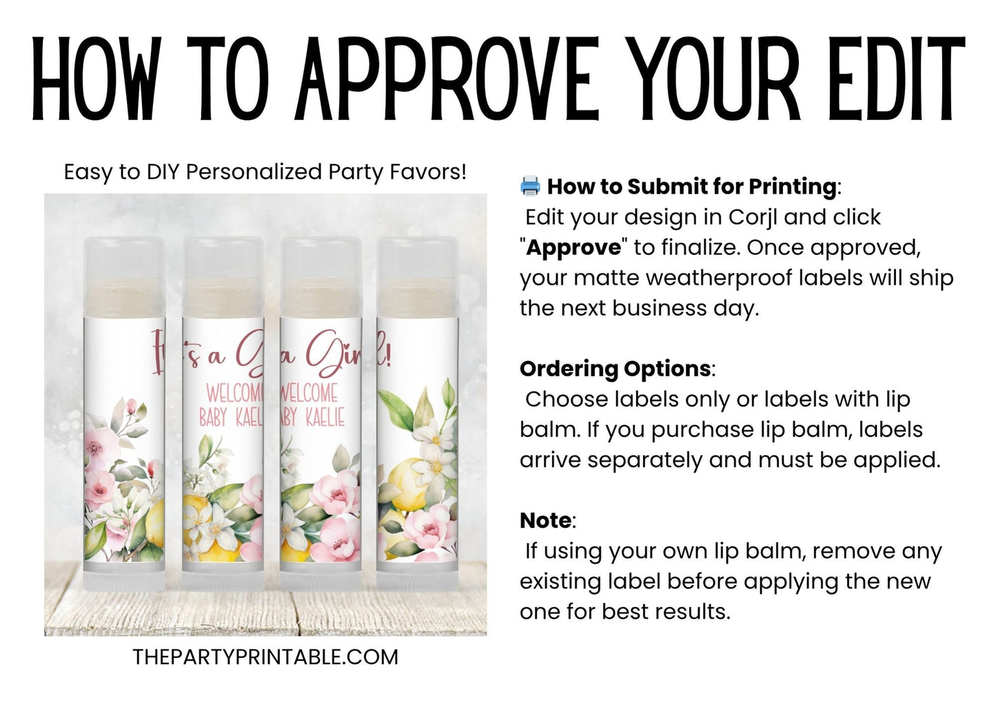 Pink Lemon Themed Chapstick Favors: Baby Girl Shower, Lemonade Party Gift