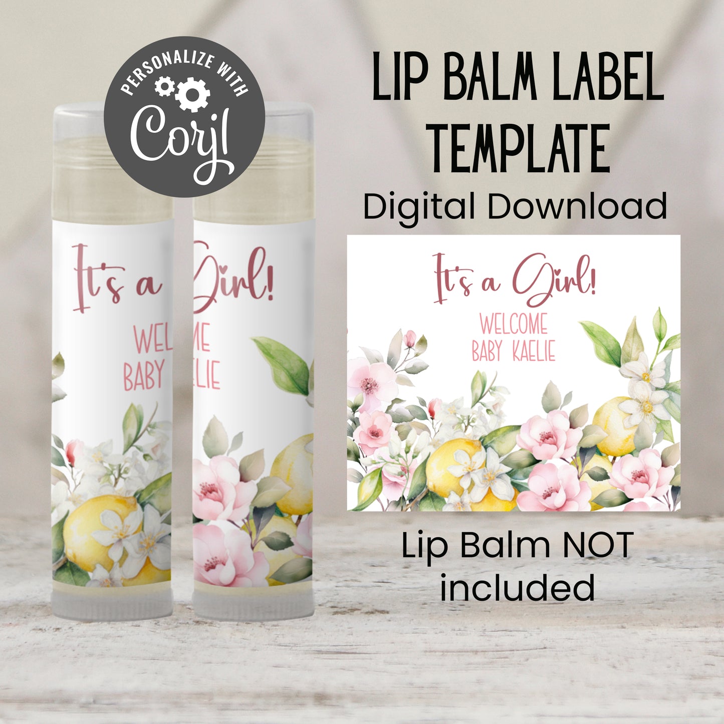 Pink Lemon Lip Balm Label Template: Baby Girl Shower, Lemonade Party Favor