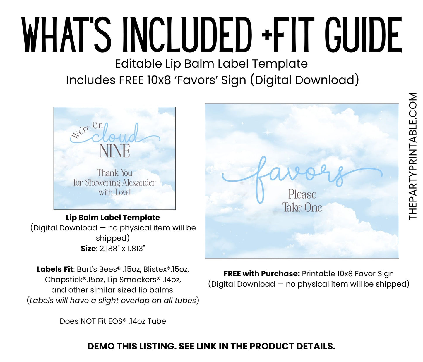 Cloud Nine Lip Balm Label Template: Blue Baby Shower or 9th Birthday Favor