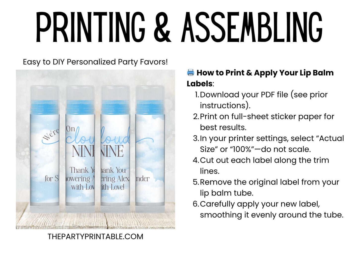 Cloud Nine Lip Balm Label Template: Blue Baby Shower or 9th Birthday Favor
