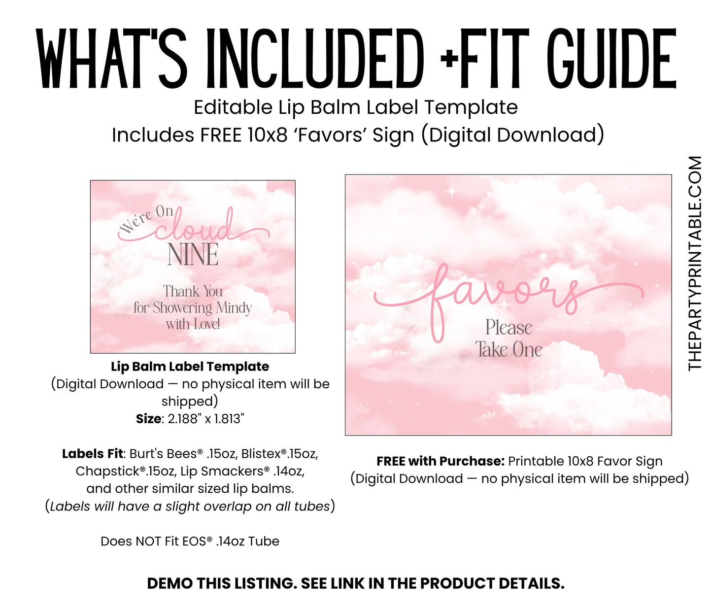Cloud Nine Lip Balm Label Template: Pink Baby Shower, Bridal, or 9th Birthday Favor