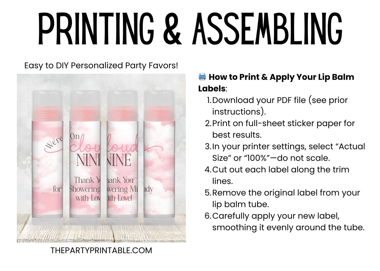Cloud Nine Lip Balm Label Template: Pink Baby Shower, Bridal, or 9th Birthday Favor