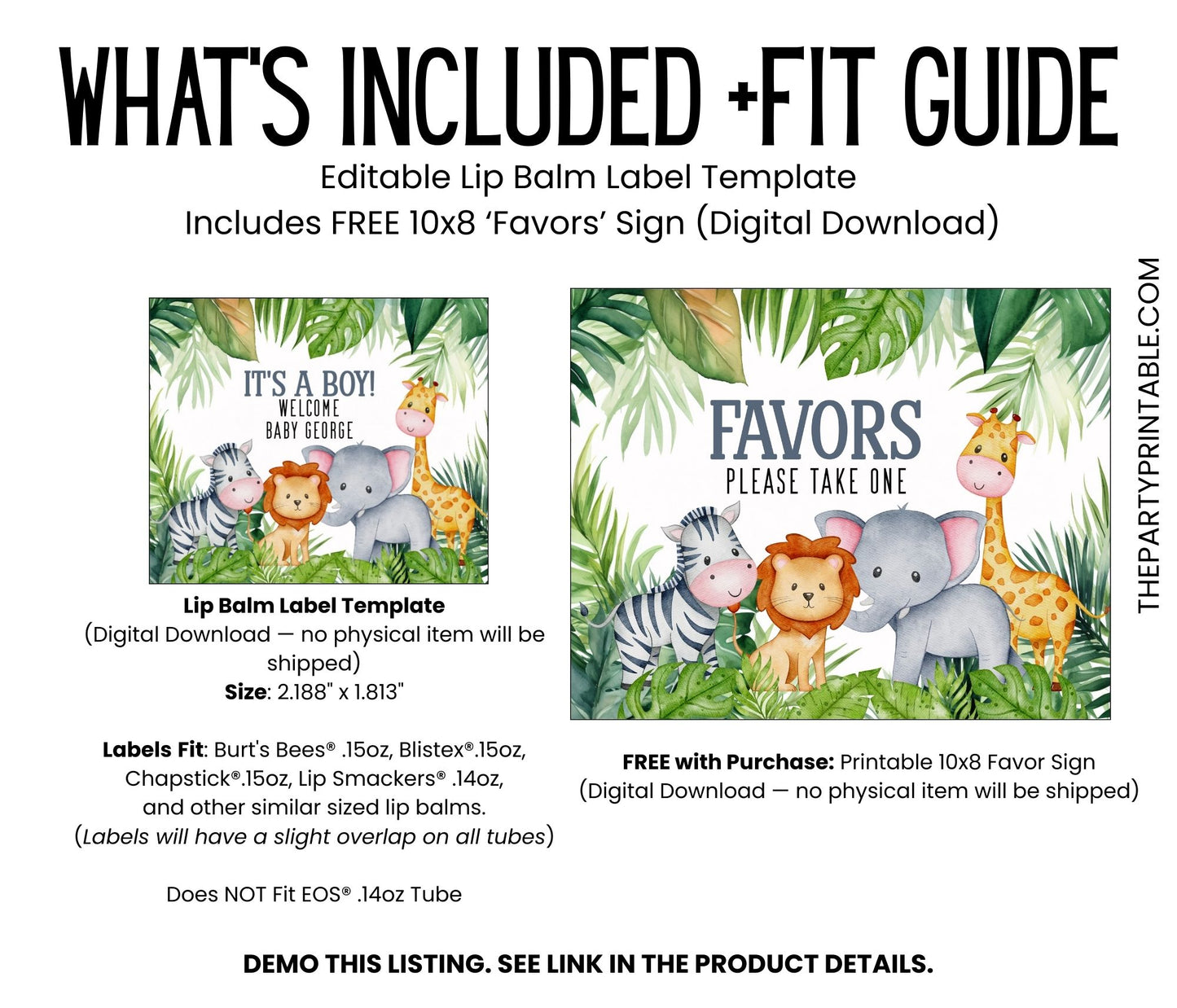 Jungle Safari Lip Balm Label Template: Baby Shower or Kids Birthday Favor