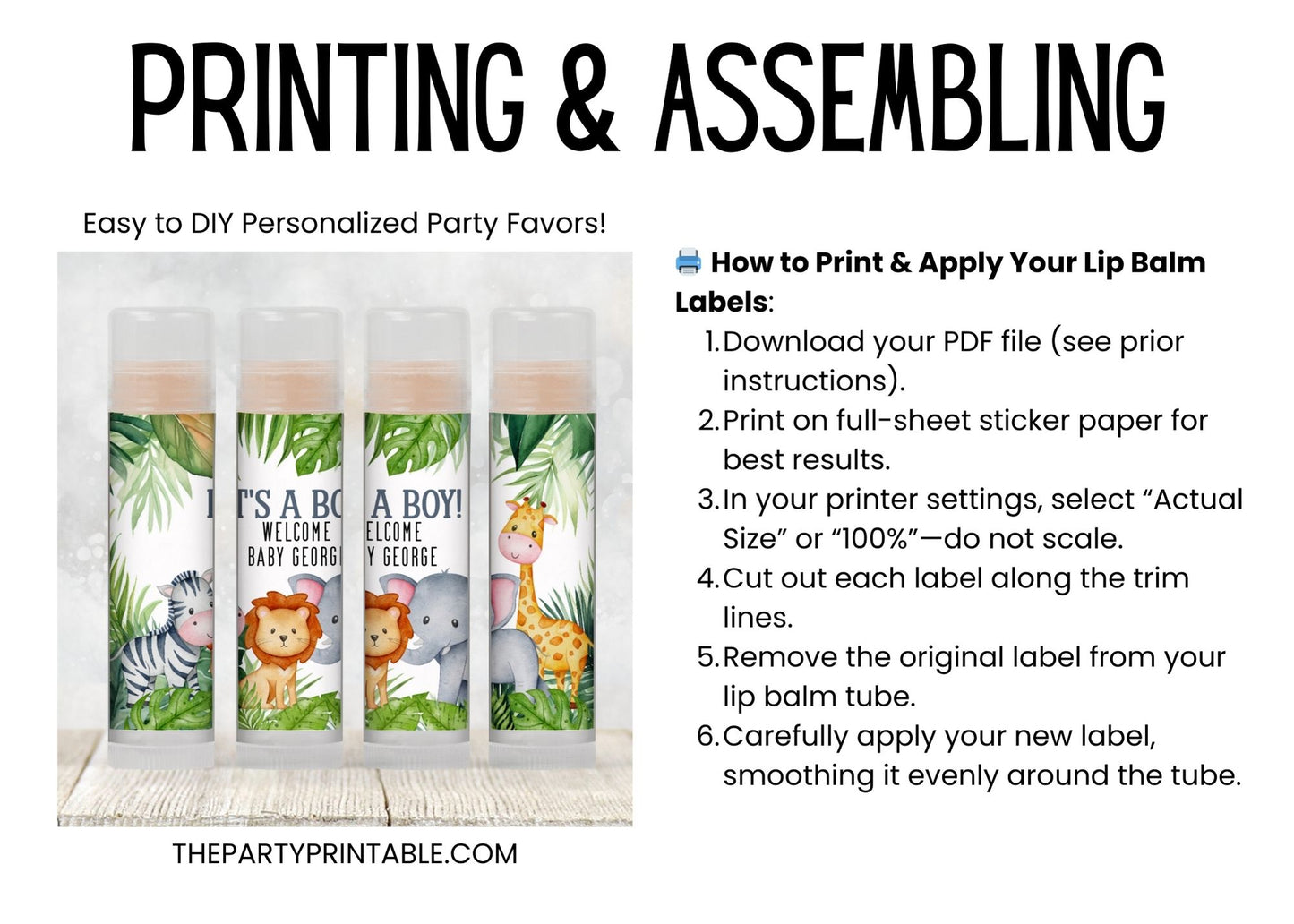 Jungle Safari Lip Balm Label Template: Baby Shower or Kids Birthday Favor