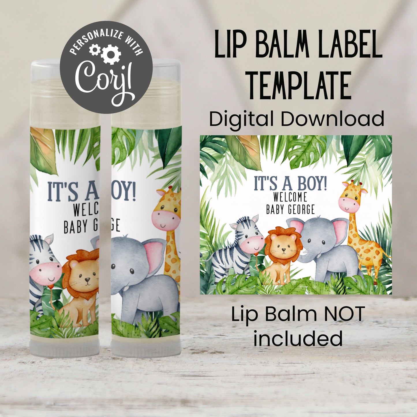 Jungle Safari Lip Balm Label Template: Baby Shower or Kids Birthday Favor