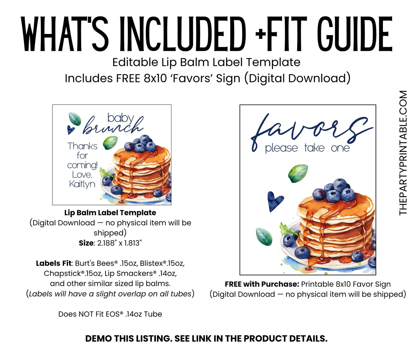 Blueberry Pancakes Lip Balm Label Template: Brunch Baby Shower or Bridal Favor