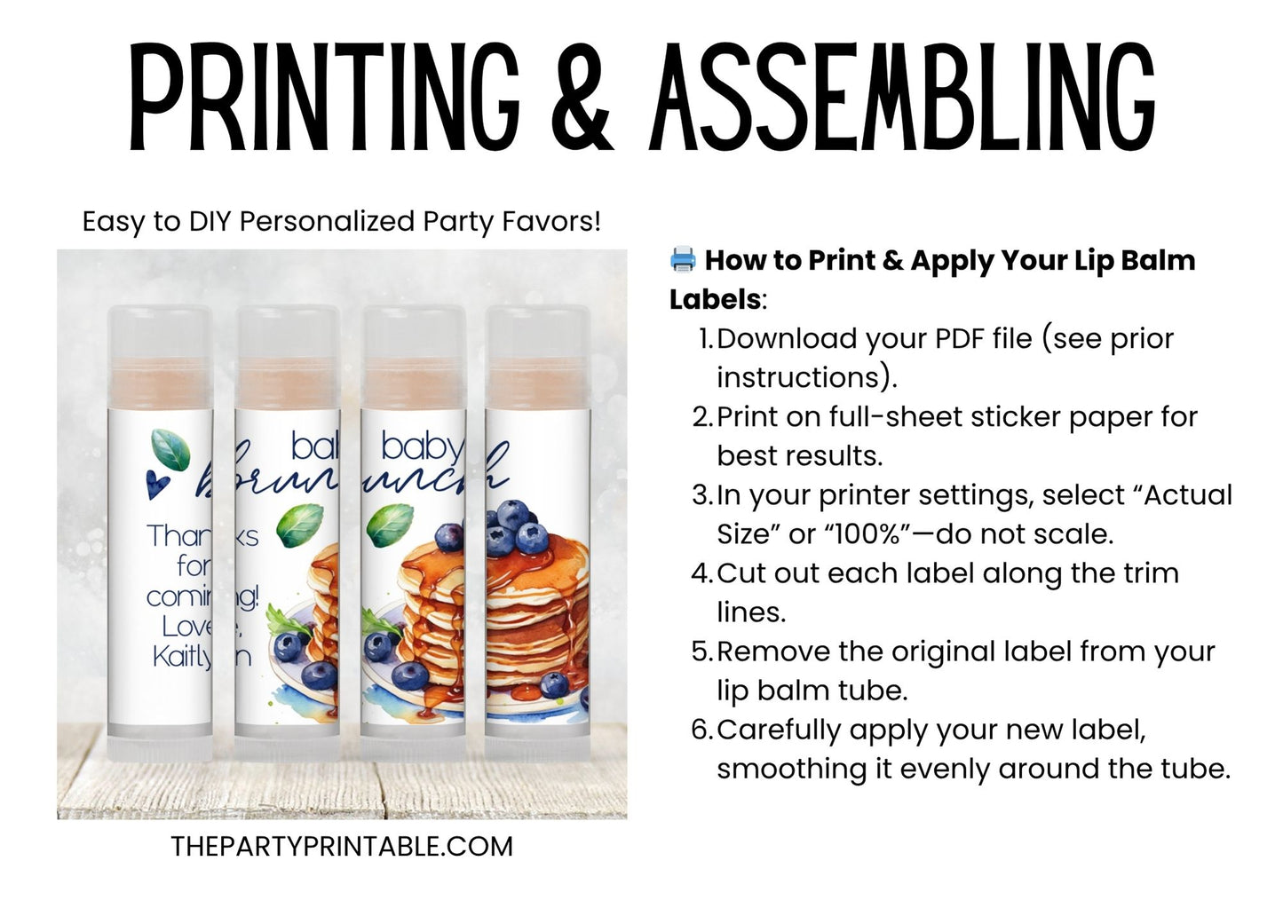 Blueberry Pancakes Lip Balm Label Template: Brunch Baby Shower or Bridal Favor