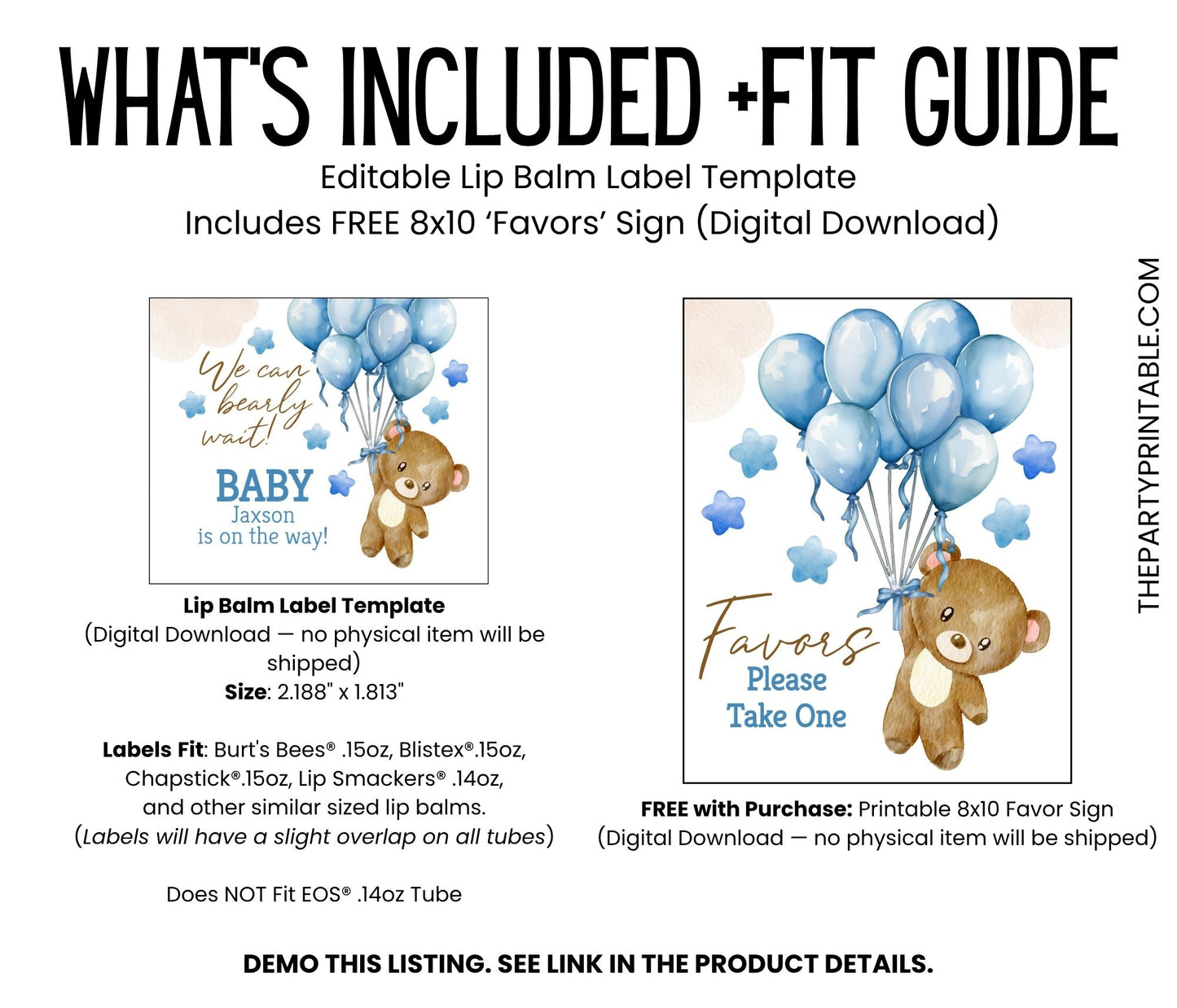 We Can Bearly Wait Lip Balm Label Template: Brown Teddy Bear with Blue Balloons Boy Baby Shower Favor