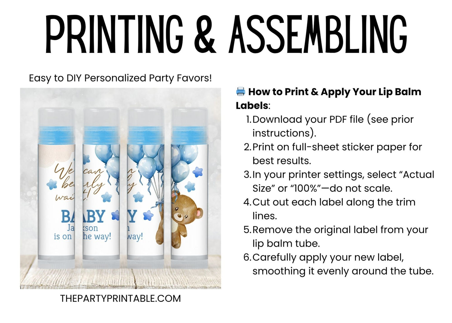 We Can Bearly Wait Lip Balm Label Template: Brown Teddy Bear with Blue Balloons Boy Baby Shower Favor