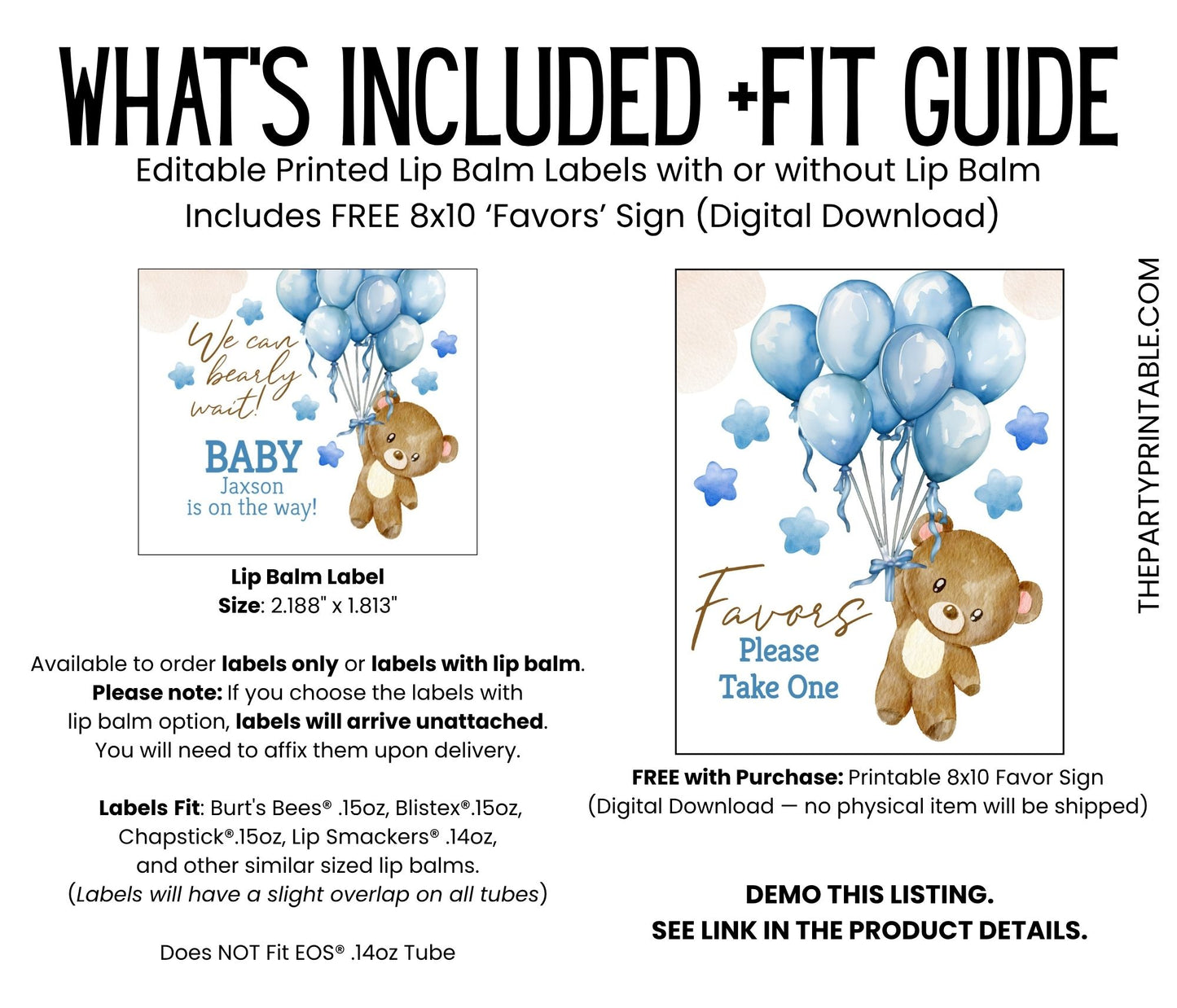 We Can Bearly Wait Chapstick Favors: Brown Teddy Bear with Blue Balloons Boy Baby Shower Gift