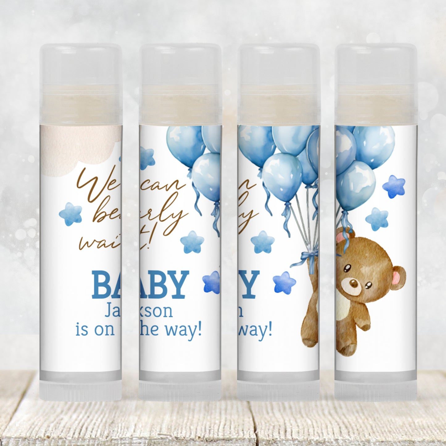 We Can Bearly Wait Chapstick Favors: Brown Teddy Bear with Blue Balloons Boy Baby Shower Gift