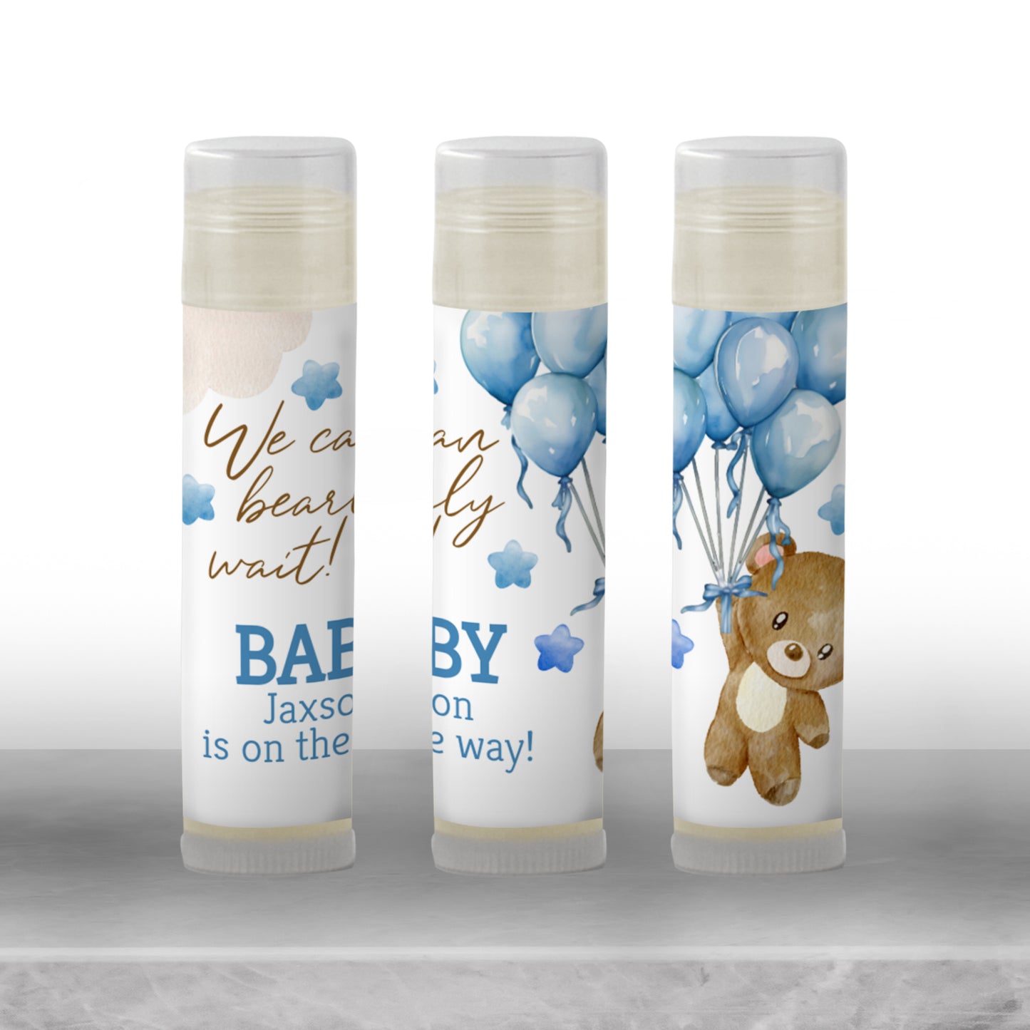 We Can Bearly Wait Chapstick Favors: Brown Teddy Bear with Blue Balloons Boy Baby Shower Gift