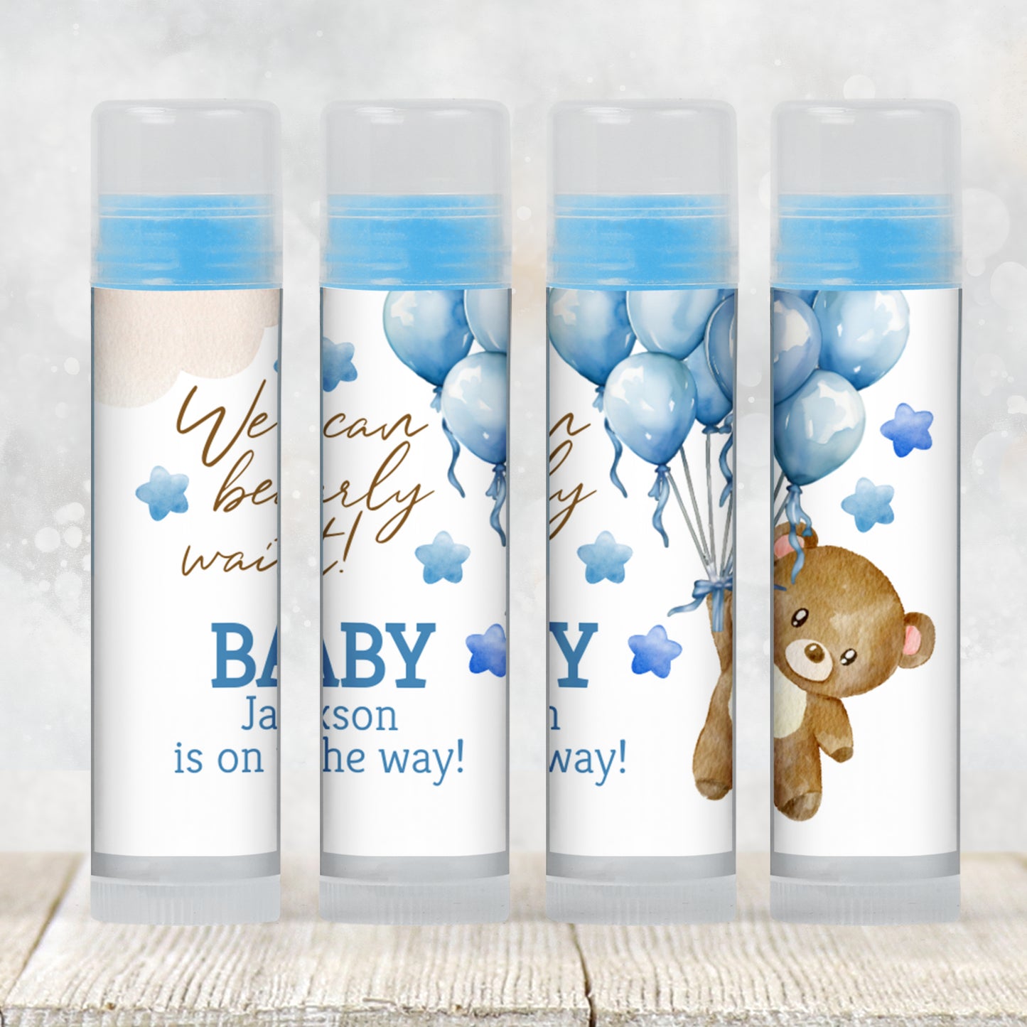 We Can Bearly Wait Lip Balm Label Template: Brown Teddy Bear with Blue Balloons Boy Baby Shower Favor