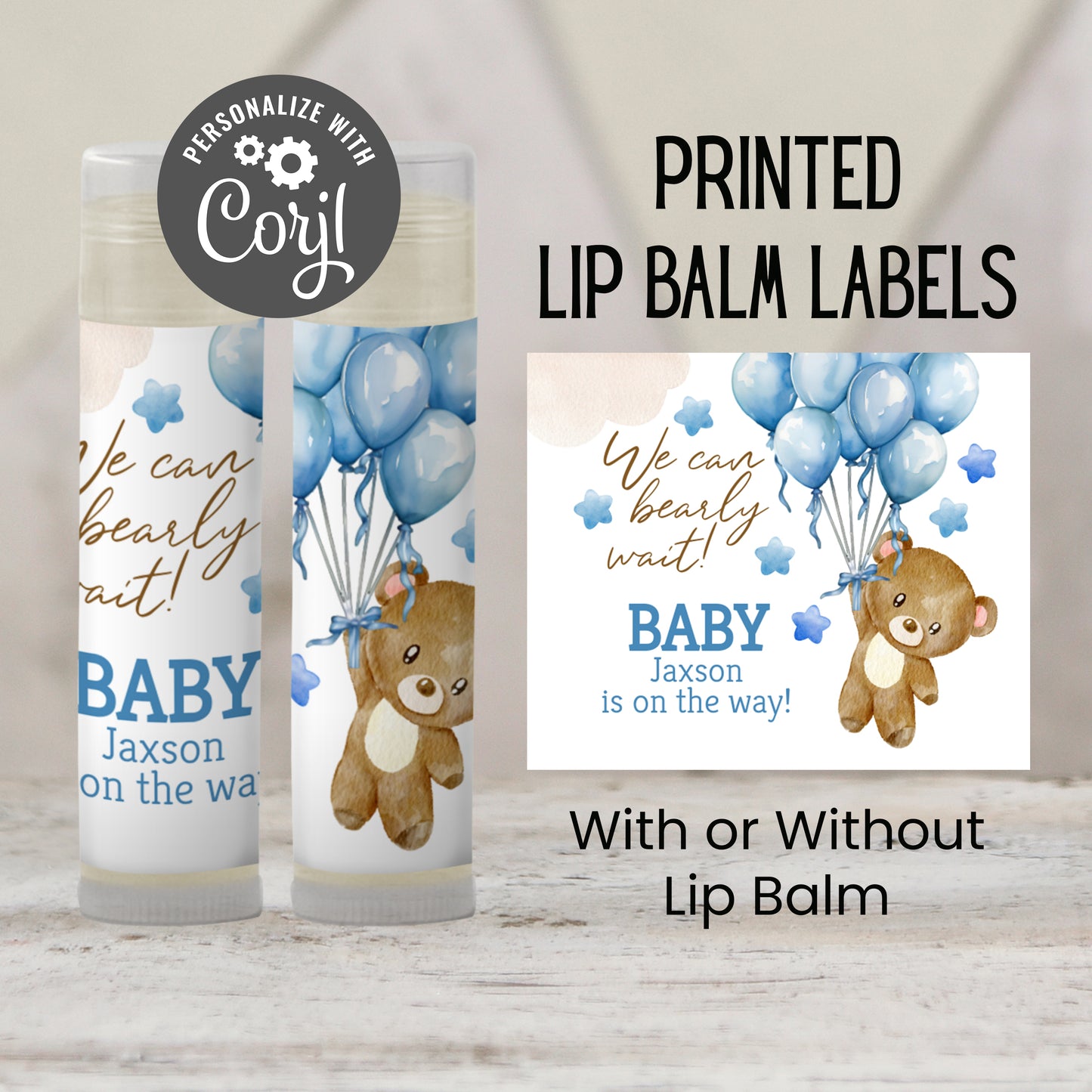 We Can Bearly Wait Chapstick Favors: Brown Teddy Bear with Blue Balloons Boy Baby Shower Gift
