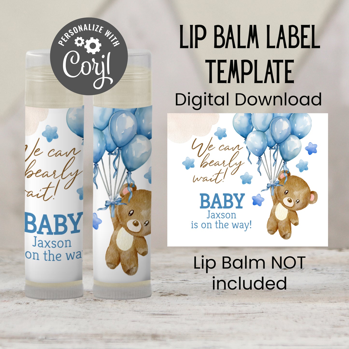 We Can Bearly Wait Lip Balm Label Template: Brown Teddy Bear with Blue Balloons Boy Baby Shower Favor