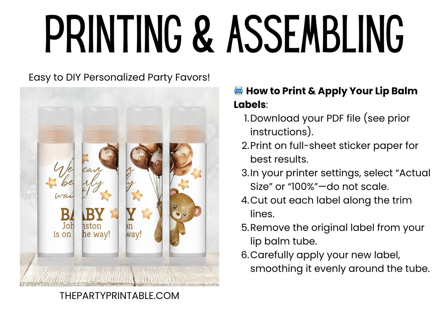 We Can Bearly Wait Lip Balm Label Template: Brown Teddy Bear Gender Neutral Baby Shower Favor