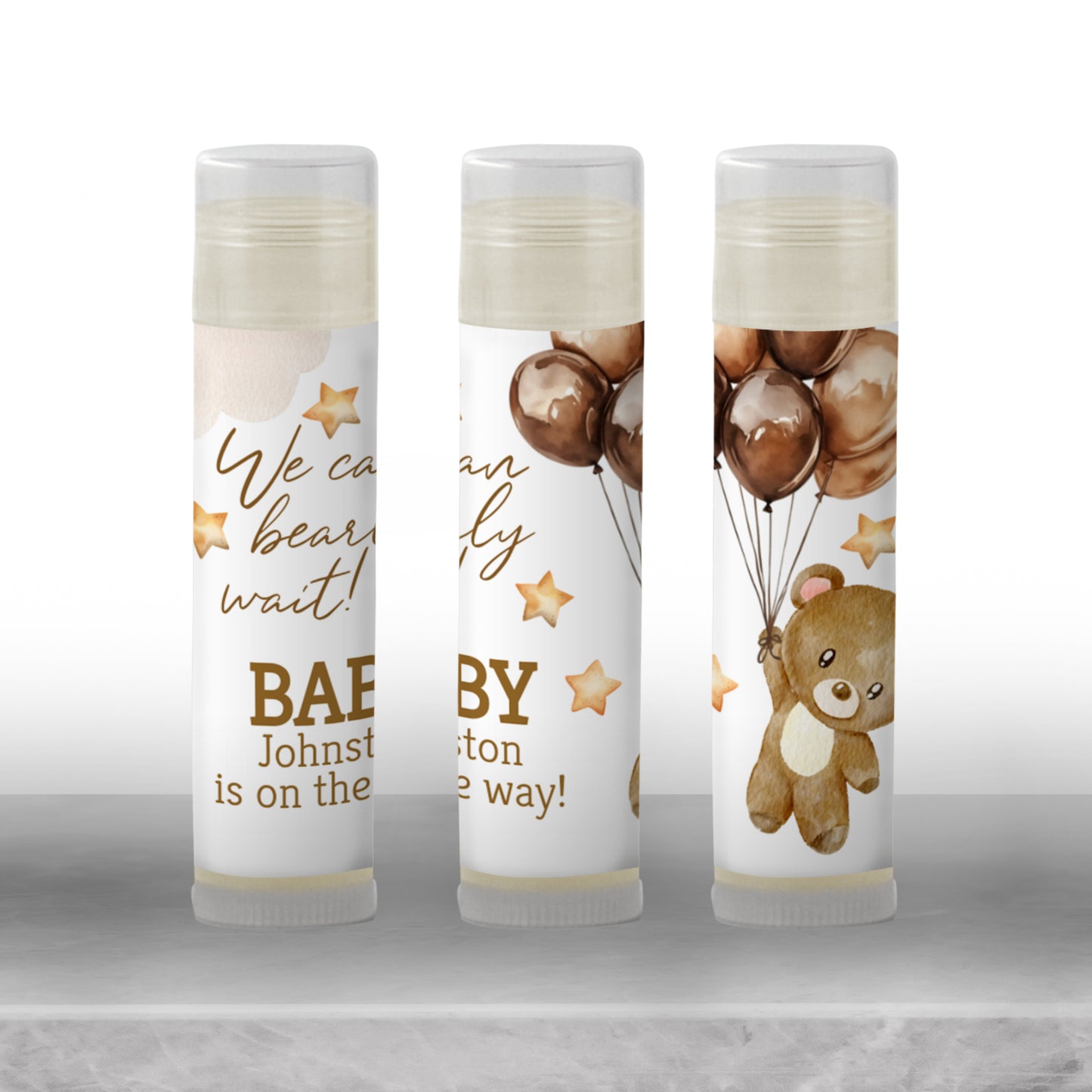 We Can Bearly Wait Chapstick Favors: Brown Teddy Bear Gender Neutral Baby Shower Gift