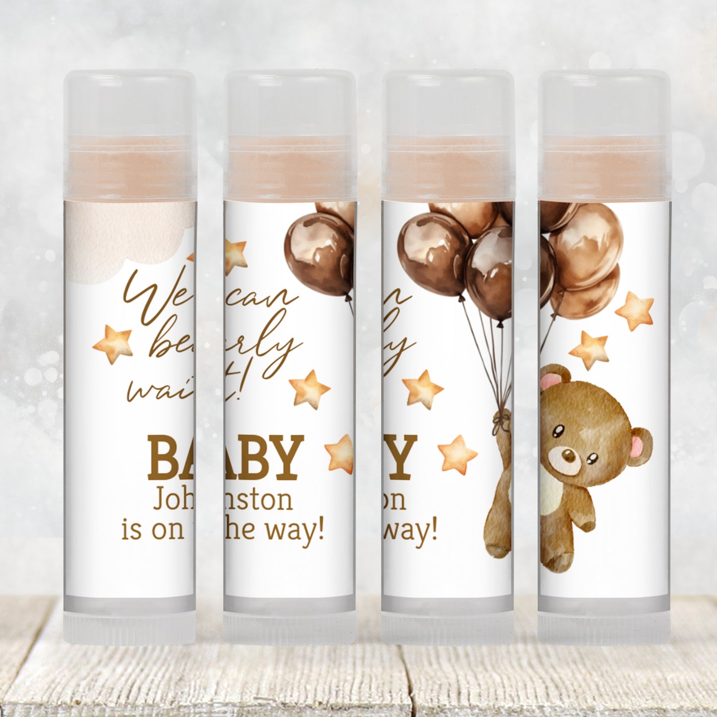 We Can Bearly Wait Lip Balm Label Template: Brown Teddy Bear Gender Neutral Baby Shower Favor