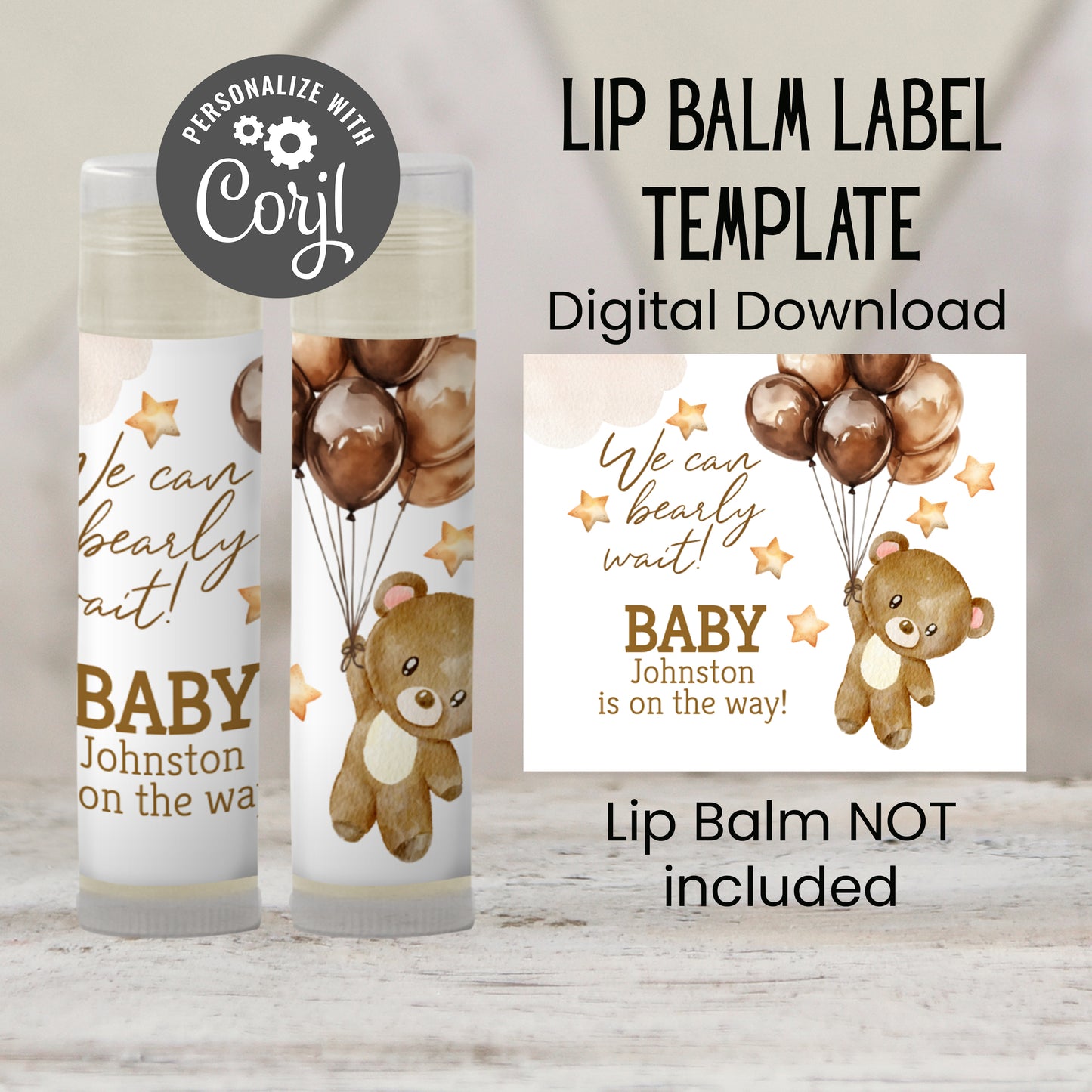 We Can Bearly Wait Lip Balm Label Template: Brown Teddy Bear Gender Neutral Baby Shower Favor