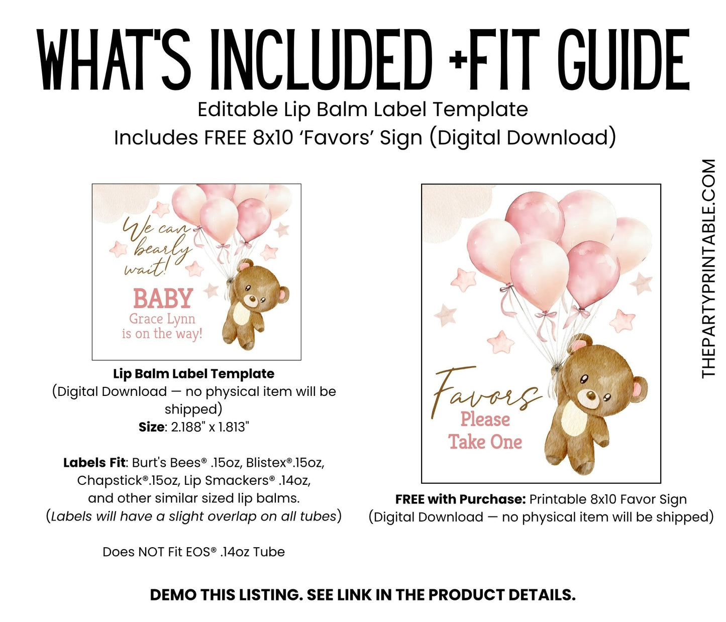 We Can Bearly Wait Lip Balm Label Template: Brown Teddy Bear with Pink Balloons Girl Baby Shower Favor