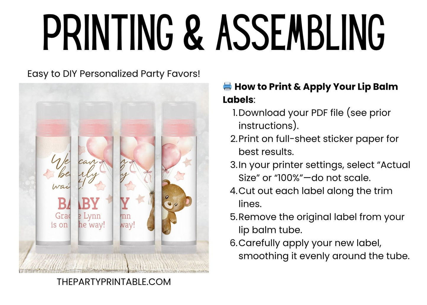 We Can Bearly Wait Lip Balm Label Template: Brown Teddy Bear with Pink Balloons Girl Baby Shower Favor