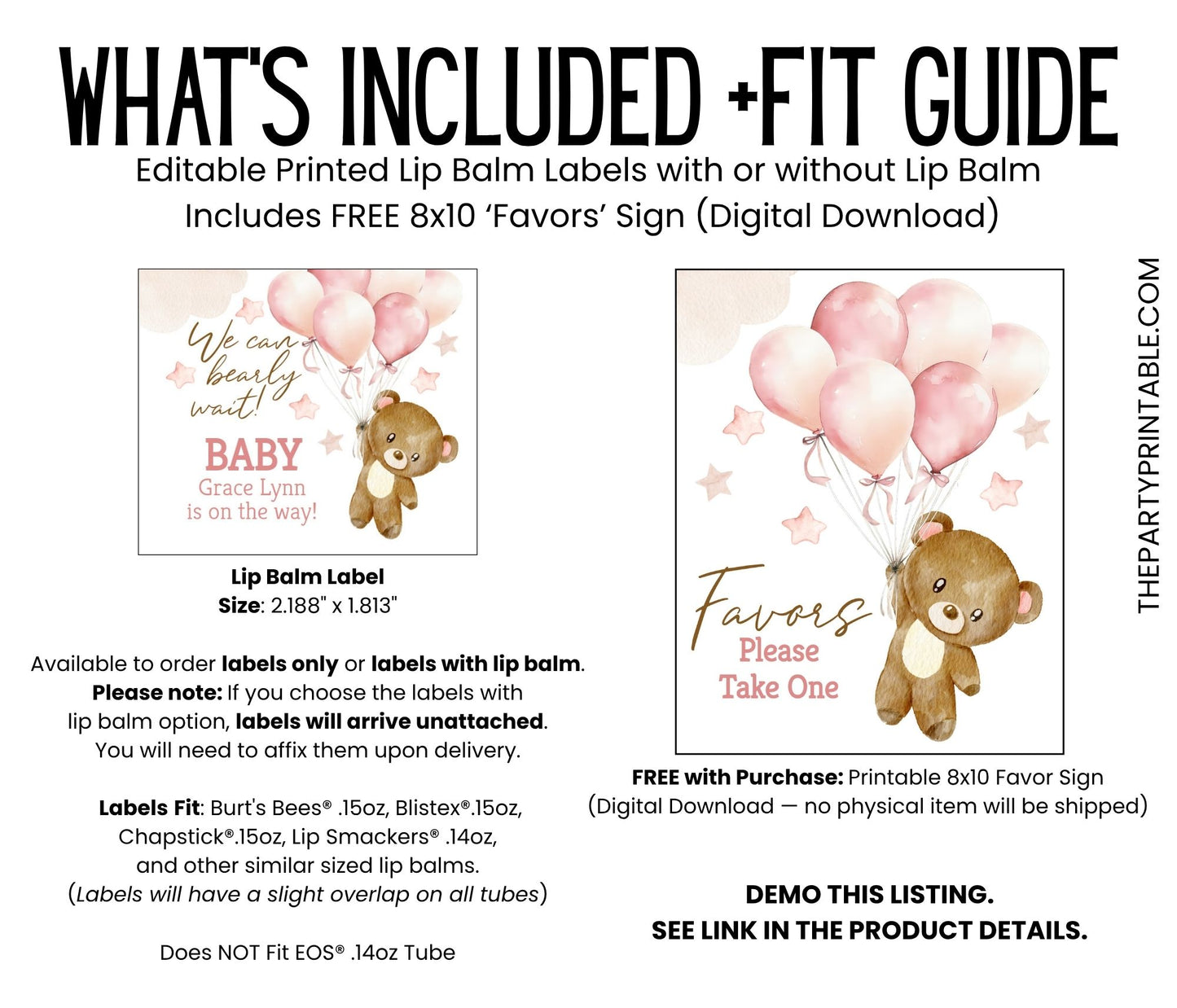 We Can Bearly Wait Chapstick Favors: Brown Teddy Bear with Pink Balloons Girl Baby Shower Gift