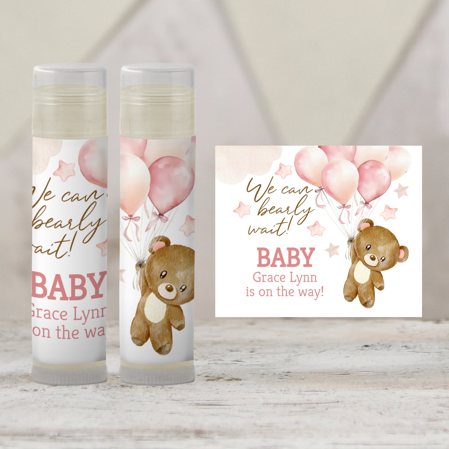 We Can Bearly Wait Lip Balm Label Template: Brown Teddy Bear with Pink Balloons Girl Baby Shower Favor