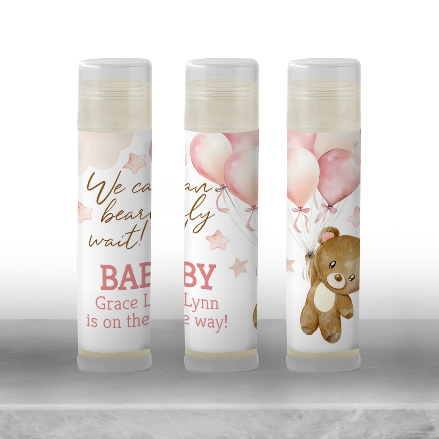We Can Bearly Wait Lip Balm Label Template: Brown Teddy Bear with Pink Balloons Girl Baby Shower Favor