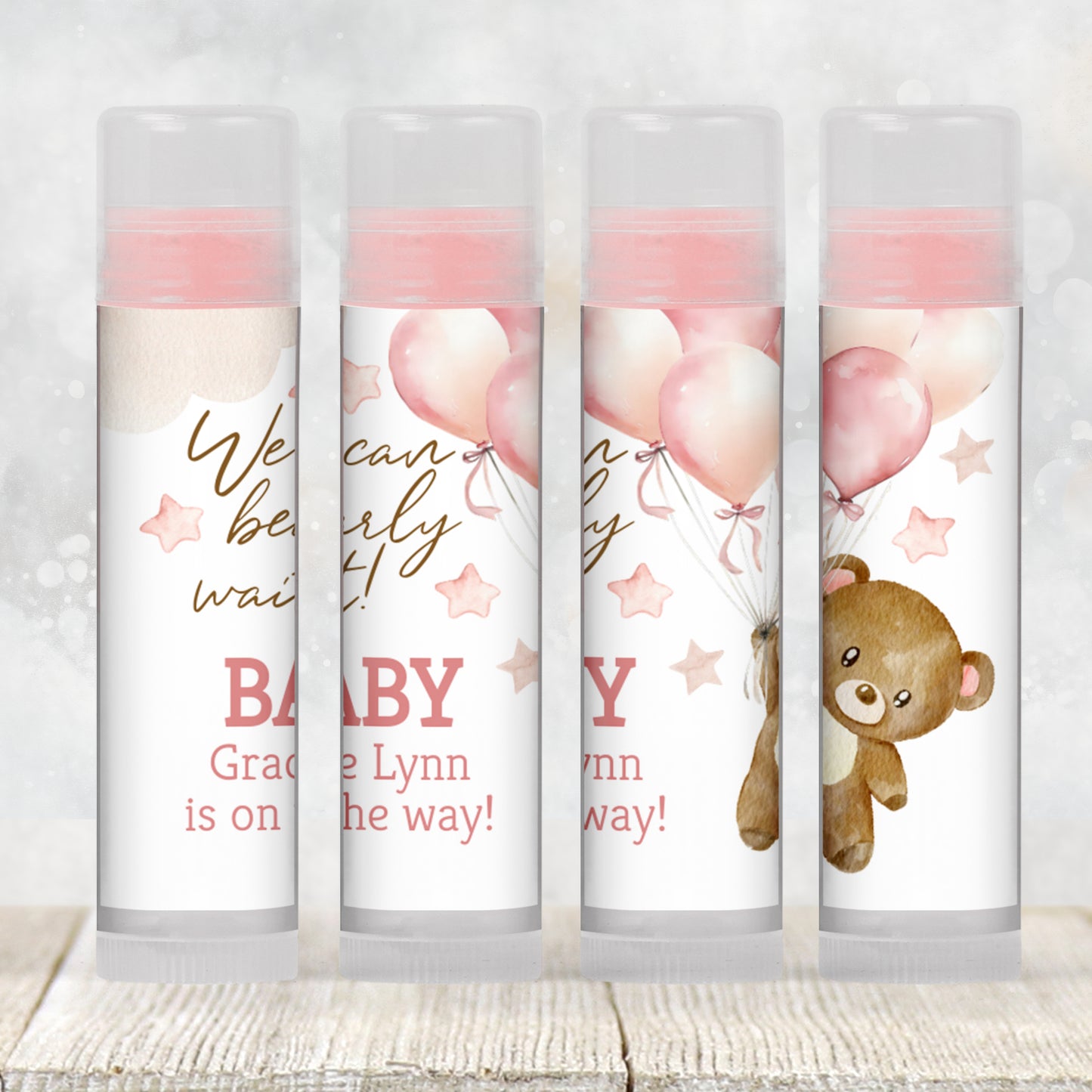 We Can Bearly Wait Lip Balm Label Template: Brown Teddy Bear with Pink Balloons Girl Baby Shower Favor
