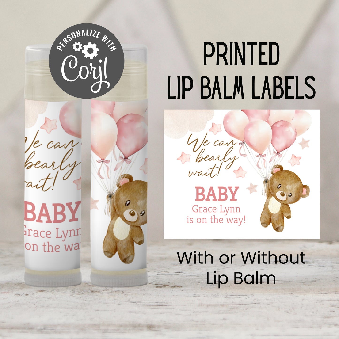We Can Bearly Wait Chapstick Favors: Brown Teddy Bear with Pink Balloons Girl Baby Shower Gift